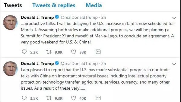 特朗普宣布将推迟3月1日上调中国输美商品关税的计划